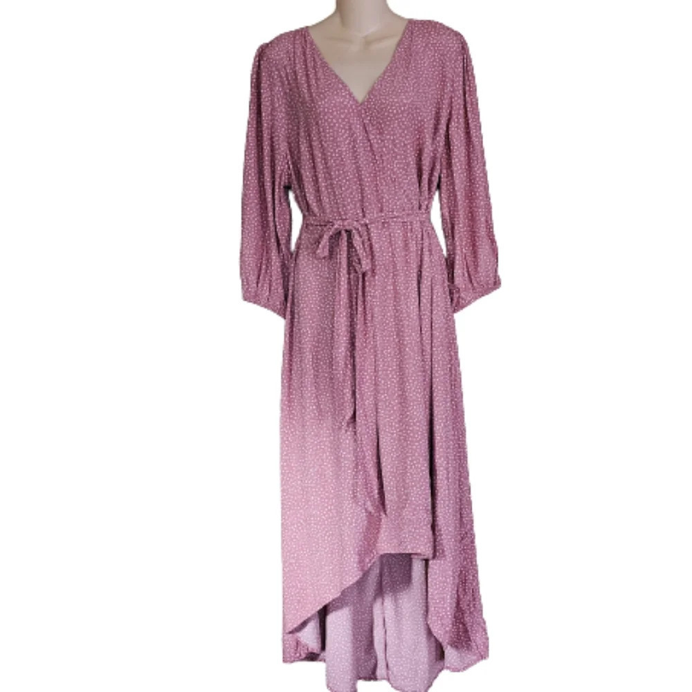 AVA & VIV Print Pink Faux-Wrap Dress with High-Low Hem Tie Waist Size Women's X